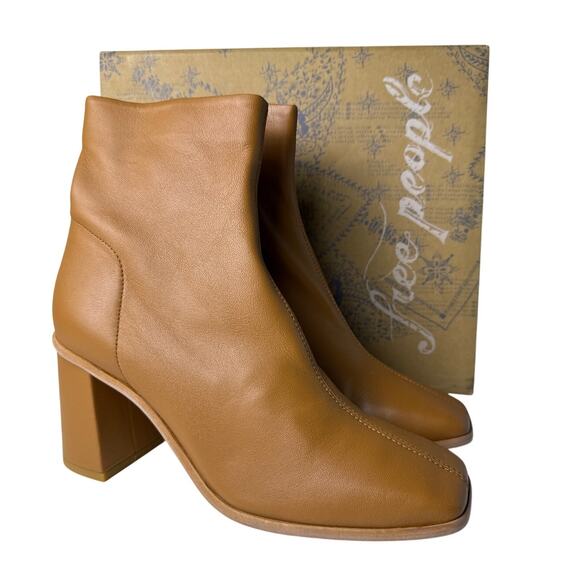 Free People Sienna Ankle Boots Leather US 8.5 Tan Leather Square Toe Block Heel - Picture 1 of 9
